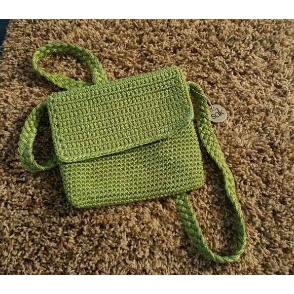 THE SAK spring green Zip Closure Knit Macrame Crochet Cross Body Shoulder Hobo - Picture 1 of 6